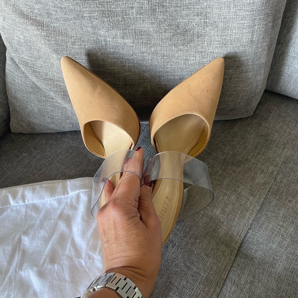 SCHUTZ Beige Mules Suade pumps sandals with clear Strap size 8 - Picture 3 of 9